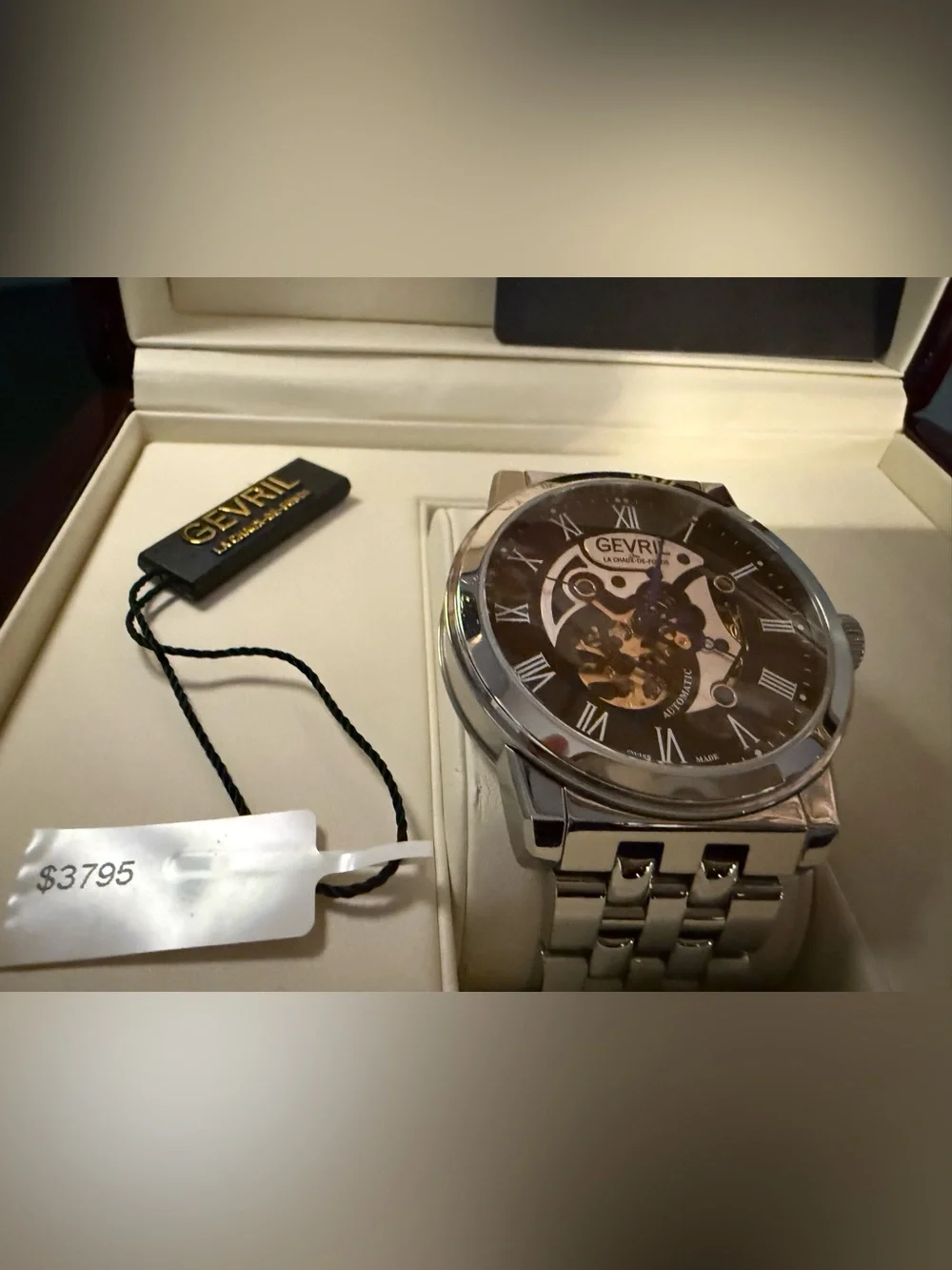 GEVRIL Limited Edition Men’s Silver Skeleton Dial Watch with Black Face